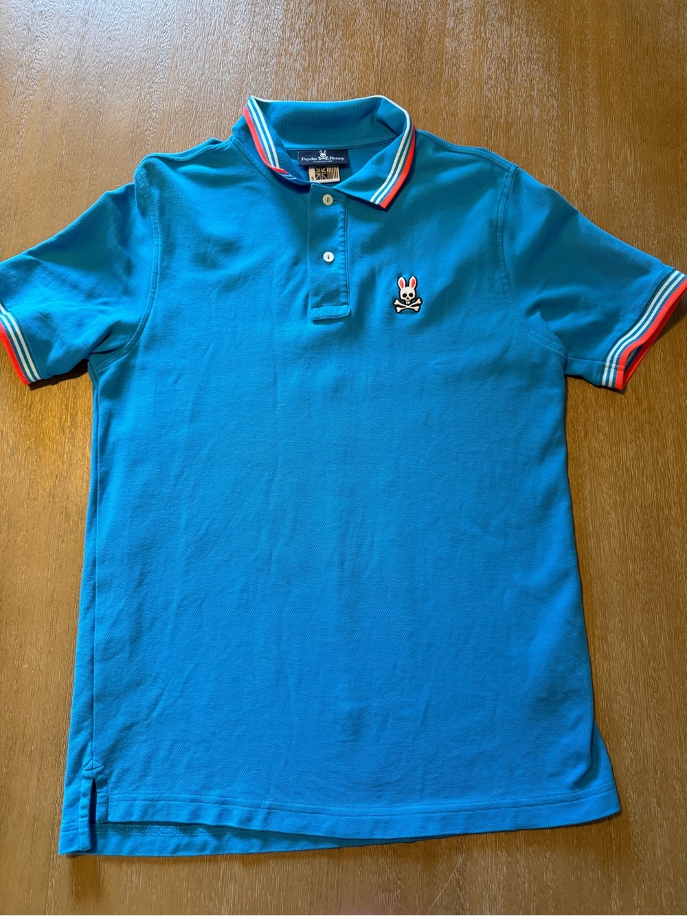 Psycho Bunny Mens M Blue Polo with Red-Trim Striped Collar